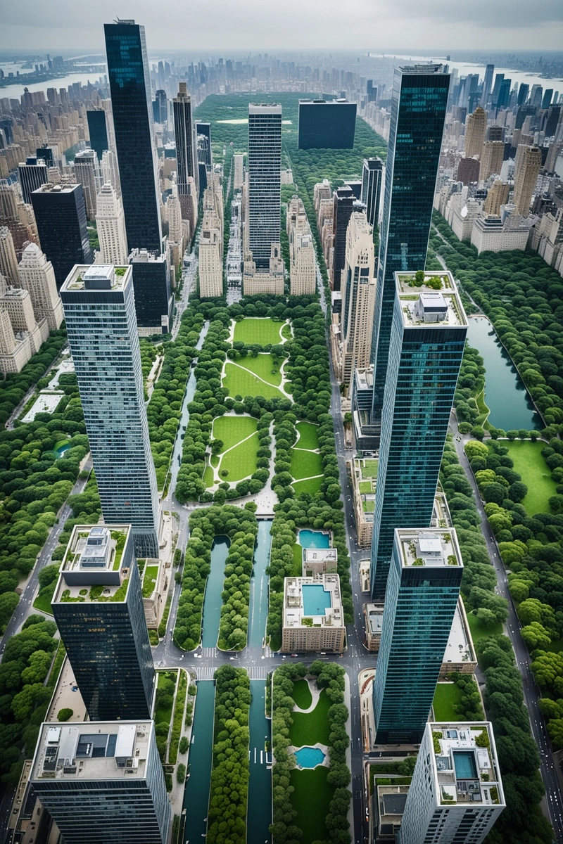鸟瞰中央公园周围高楼林立的城市景观。这些建筑采用玻璃外墙,设计成现代风格。该图像捕捉了商业和住宅空间混合的繁华城市环境的本质。天空阴云密布,附近的水面平静,营造出一种宁静的氛围。城市布局井然有序,有清晰的道路和人行道。在图像中使用的颜色主要是灰色,有一些绿色来自树木和蓝色来自水。这幅画的题目是《海边的城市》。 鸟瞰中央公园周围高楼林立的城市景观。这些建筑采用玻璃外墙,设计成现代风格。该图像捕捉了商业和住宅空间混合的繁华城市环境的本质。天空阴云密布,附近的水面平静,营造出一种宁静的氛围。城市布局井然有序,有清晰的道路和人行道。在图像中使用的颜色主要是灰色,有一些绿色来自树木和蓝色来自水。这幅画的题目是《海边的城市》。