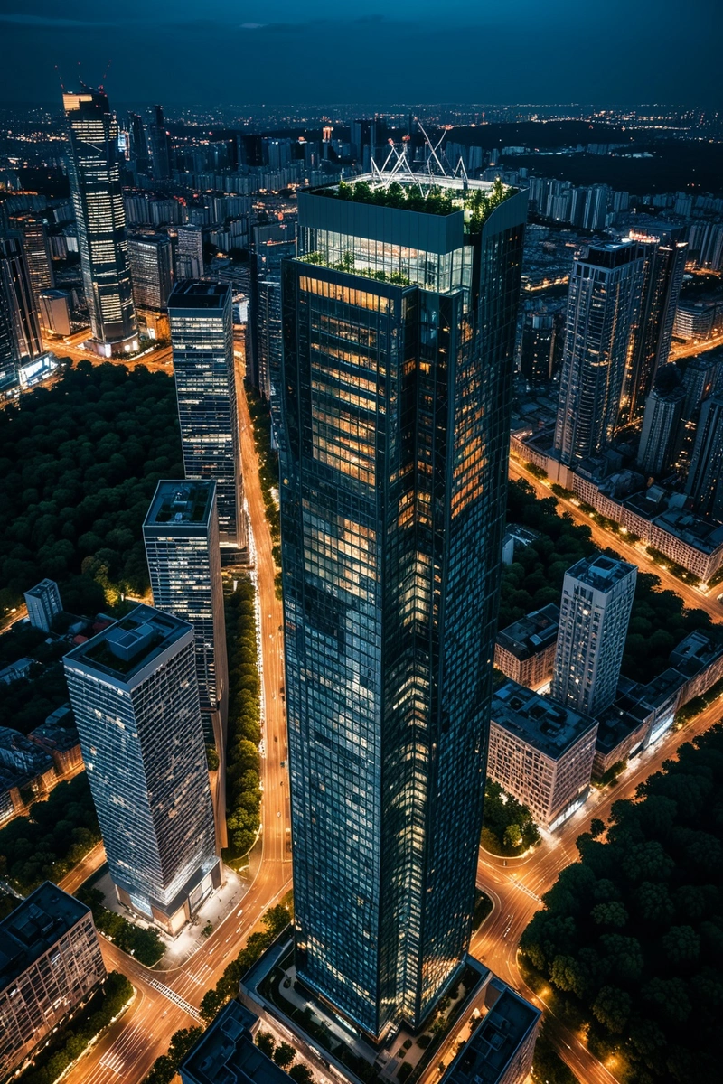 现代城市的鸟瞰图,中心是一座高耸的摩天大楼。该建筑采用独特的玻璃结构设计,引人注目。摩天大楼周围是其他高层建筑,晚上都亮起了灯。这座城市坐落在郁郁葱葱的绿色森林旁边,在纹理和颜色上形成了鲜明的对比。这幅图捕捉了城市发展的本质,同时保留了周围环境的自然美。 现代城市的鸟瞰图,中心是一座高耸的摩天大楼。该建筑采用独特的玻璃结构设计,引人注目。摩天大楼周围是其他高层建筑,晚上都亮起了灯。这座城市坐落在郁郁葱葱的绿色森林旁边,在纹理和颜色上形成了鲜明的对比。这幅图捕捉了城市发展的本质,同时保留了周围环境的自然美。
