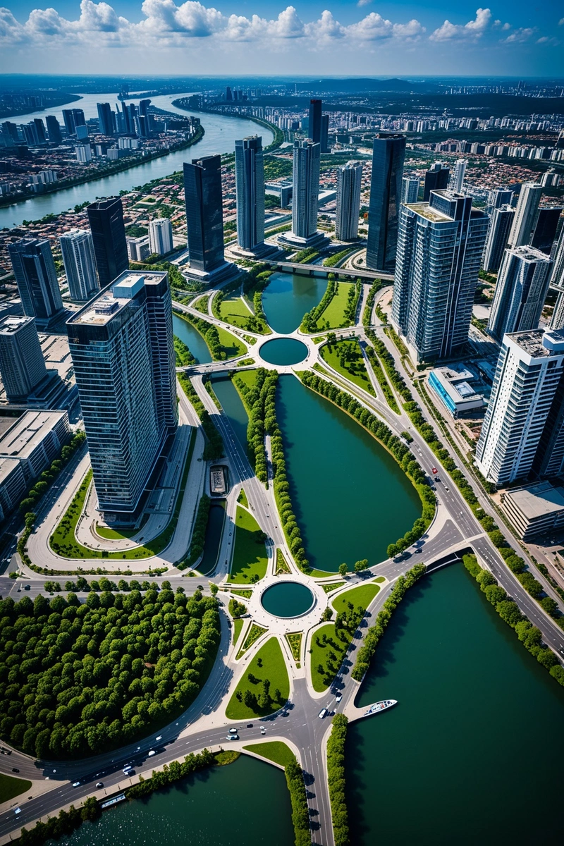 一个城市的鸟瞰图,以一个具有独特星形的大型中央建筑为特色。围绕着中心建筑的是许多不同高度的高层建筑,它们都坐落在河边。河的左边是一条高速公路,有一系列的立交桥连接到中央建筑。这座城市被茂密的森林包围着,有几条水道贯穿其中。天空一片蔚蓝,几朵白云散落在天空中。建筑的整体风格是现代的,注重可持续性和绿色空间。该形象是现代城市的完美典范,商业和住宅空间混合在一起。 一个城市的鸟瞰图,以一个具有独特星形的大型中央建筑为特色。围绕着中心建筑的是许多不同高度的高层建筑,它们都坐落在河边。河的左边是一条高速公路,有一系列的立交桥连接到中央建筑。这座城市被茂密的森林包围着,有几条水道贯穿其中。天空一片蔚蓝,几朵白云散落在天空中。建筑的整体风格是现代的,注重可持续性和绿色空间。该形象是现代城市的完美典范,商业和住宅空间混合在一起。